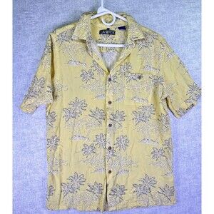 CAMPIA MODA Hawaiian Men's Button Shirt Palm Tree Yellow Rayon Size Medium Aloha